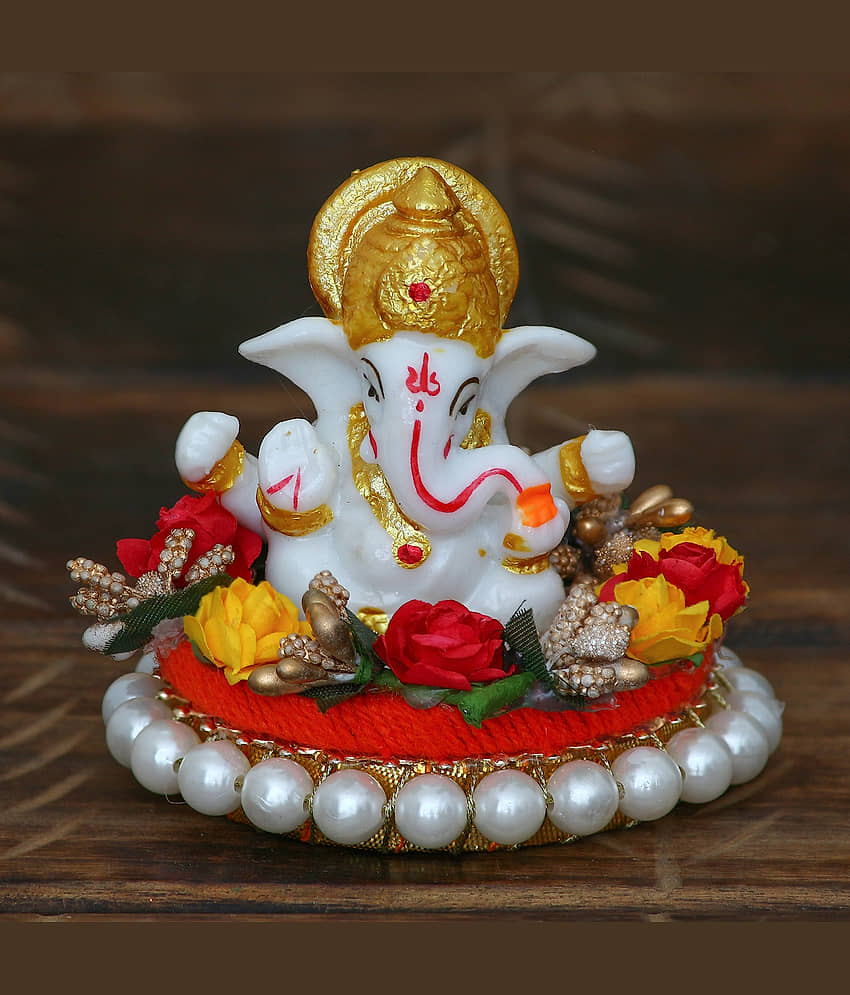 eCraftIndia White & Red Handcrafted Lord Ganesha On Decorative Plate Showpiece view 2