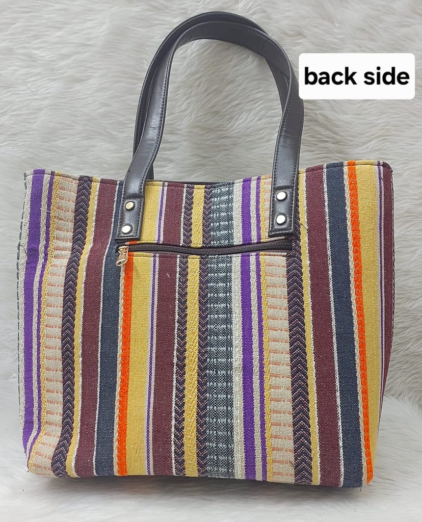 Striped Canvas Tote Bag with 2 Pouches, Brown Handles view 2