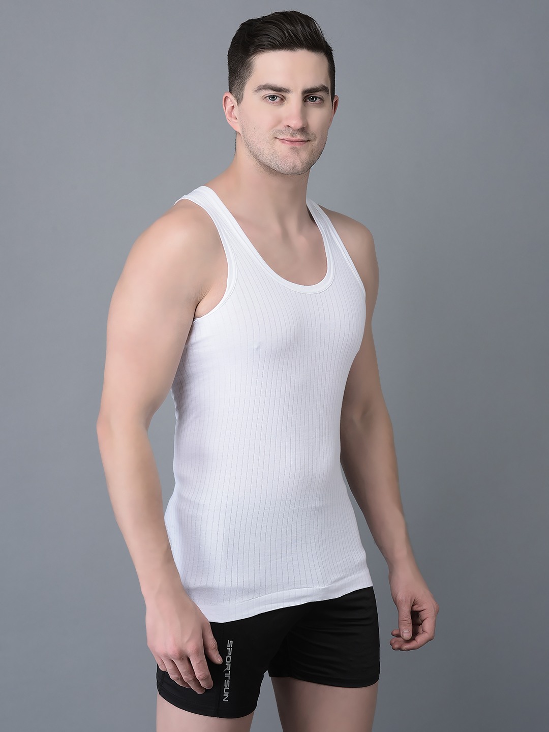Men's White Pack of 3 Solid Combed Cotton Vest view 2
