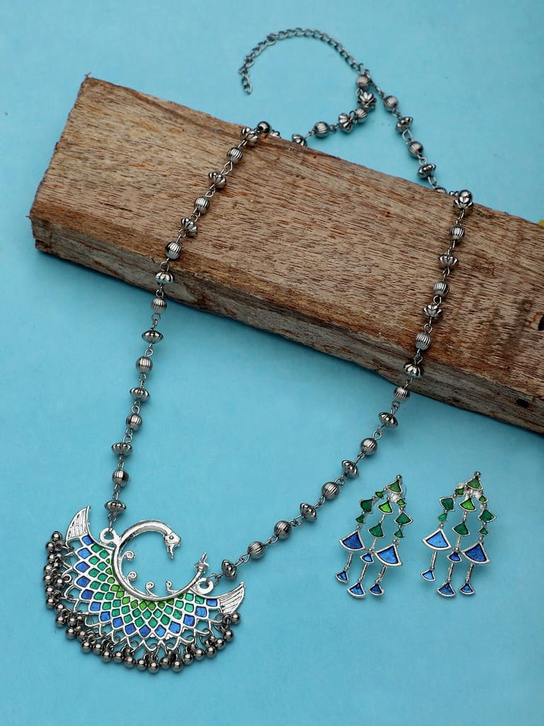 Cardinal Blue Color Minakari Oxidized Silver Color Long Necklace Set view 2
