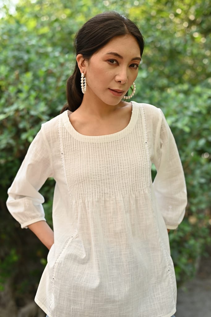 Jasmine Sindhi Hand Embroidered Round Neck Cotton Top view 2