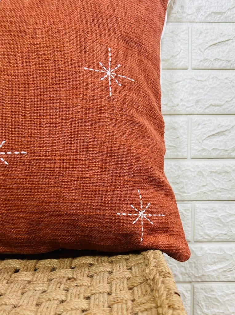 Indihomecraft Handicraft Cotton Cushion Cover - Hand Stitched Embroidery Decorative Art Boho Pillow Star Shape Red Brick Hand Made Pillow Cover | Square Shape 18X18 Inches Cushion Cover view 2
