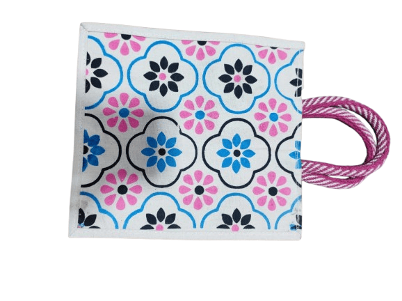 Hand Crafted Jute Tote Bag with Vibrant Floral Print and Reinforced Handles view 2