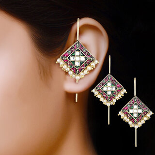 Vivastri Enamelled Polki Kundan Gold Plated Pearl Alloy Ear cuff,Cuff Earrings for Women & Girls - VIVA2818ERG view 2