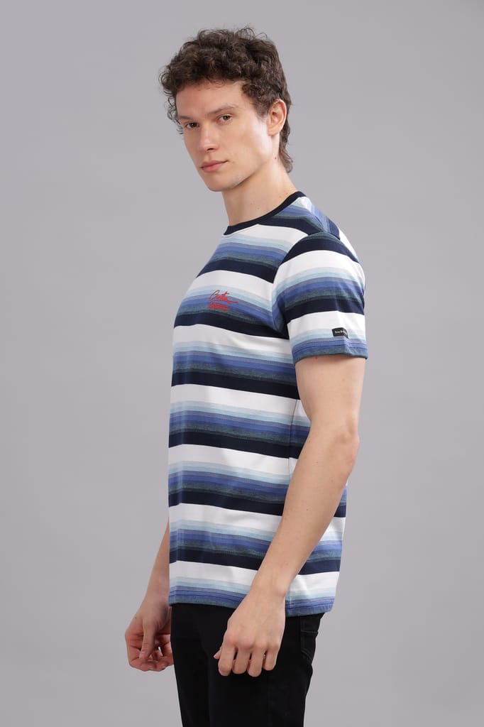 Men Striped Round Neck Polyester Blue T-Shirt view 2
