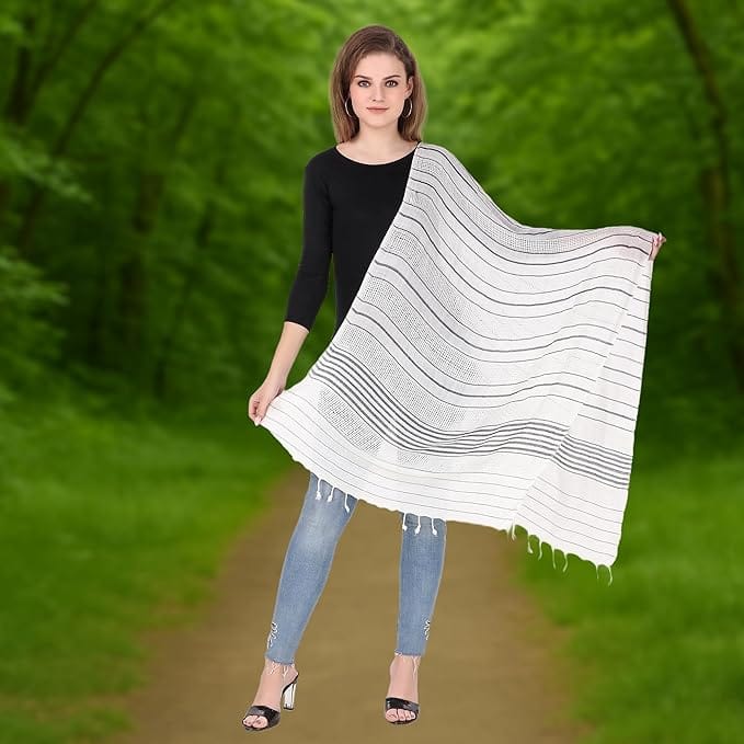 White Striped Scarf with Fringes - Elegant & Versatile view 2