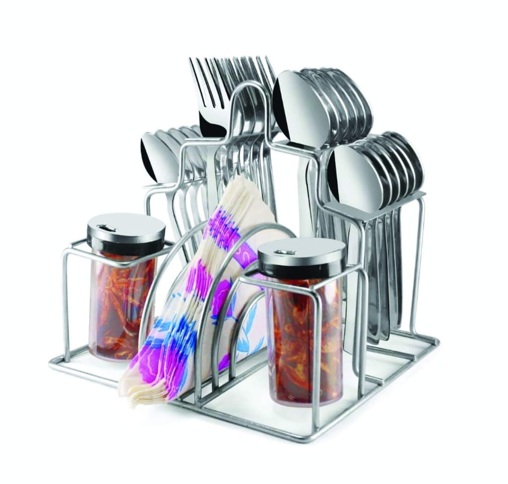 POGON Passion Stainless Steel Cutlery Set with Salt & Pepper Dispenser and Napkin Stand, Set of 27, Silver view 2