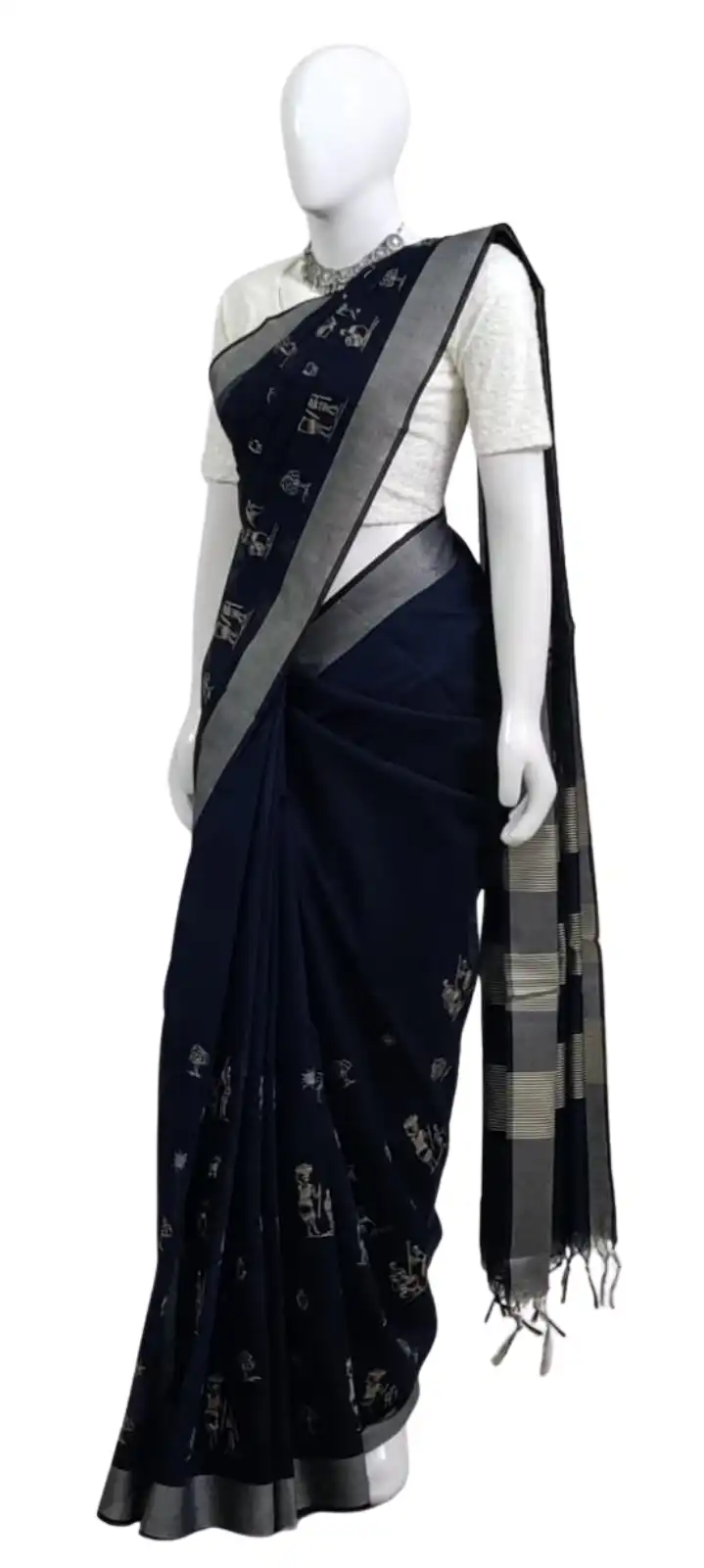 Saura Art Cotton Saree Navy Blue Tribal Figure Buti view 2