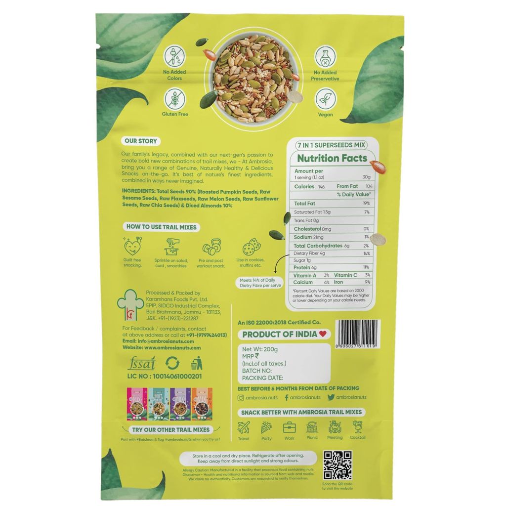 Ambrosia 7-1 Seed Trail Mix 200 g | Flax , Pumpkin , Sunflower, Chia , Melon , White Sesame & Diced Almonds | Add to Smoothie & Salad | Fibre Rich view 2