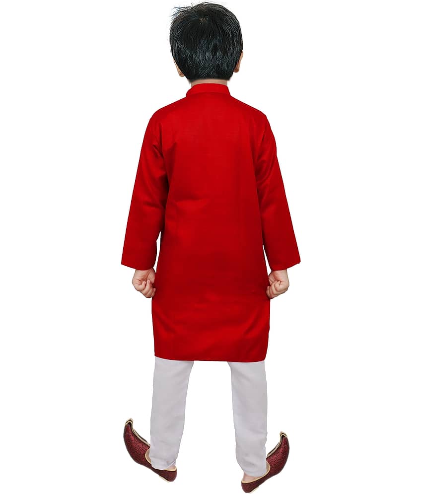 hrr Boys Cotton Blend Solid - Pattern Kurta Pyjama Set ( Red , Pack of 1 ) view 2