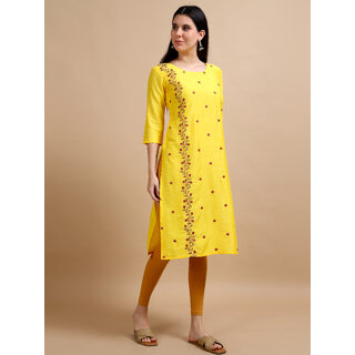 JADIIDA Beautiful Embroidery Women Printed Khadi Cotton A-line Kurta (Yellow) view 2