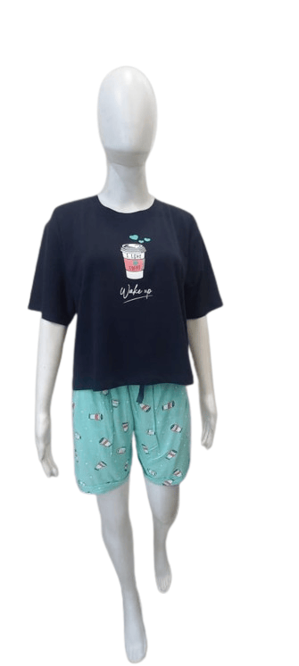 Women's Cotton Night Suit – Navy Blue Crop Top & Mint Green Printed Shorts