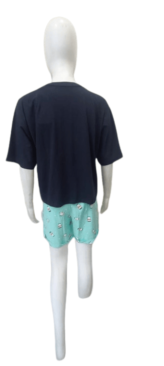Women's Cotton Night Suit – Navy Blue Crop Top & Mint Green Printed Shorts view 2