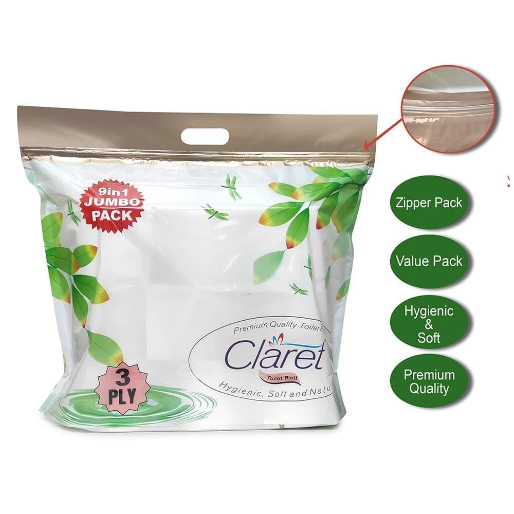Claret Premium 3-Ply Toilet Paper Rolls - Jumbo Pack of 9, Highly Absorbent & Skin-Friendly with Convenient Zipper Pack for Daily Use view 2