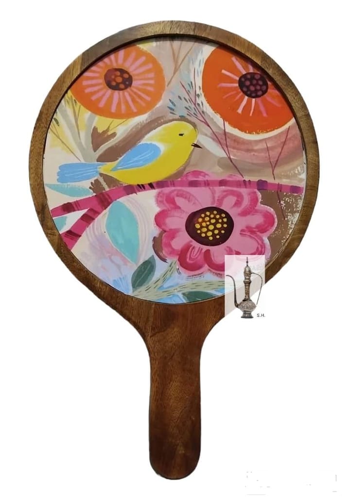 Sara Home Mango Wood Serving Pizza Platter/Chipdip/Dosa/Chees/Snacks Tray Printed Enamel Serving Platter with Handle Appetizer Plate Serving Platter view 2