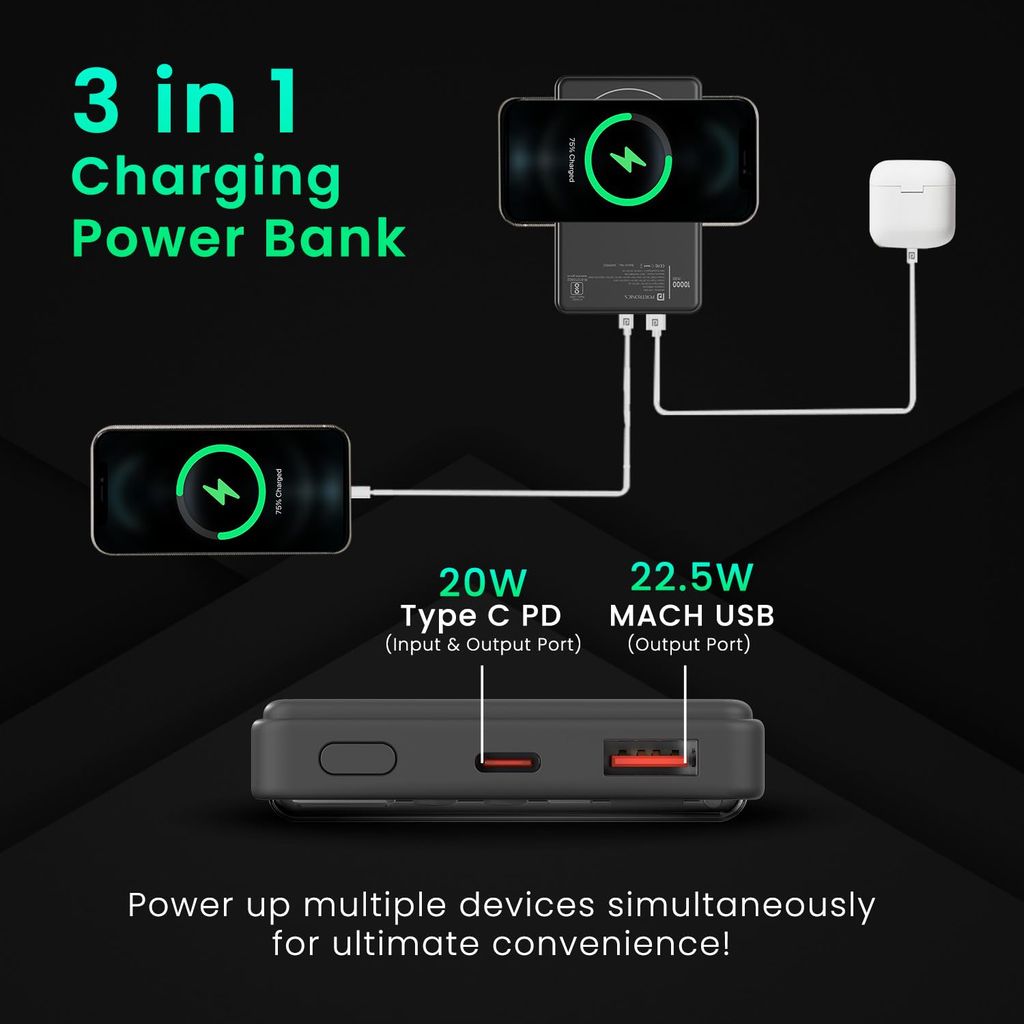 Portronics Luxcell Wireless Mini 10k 10000mAh 15W Magnetic Wireless Fast Charging Nano Power Bank with 22.5 Wired Output Compatible with iPhone 12 & Above & Other QI Enabled Devices view 2
