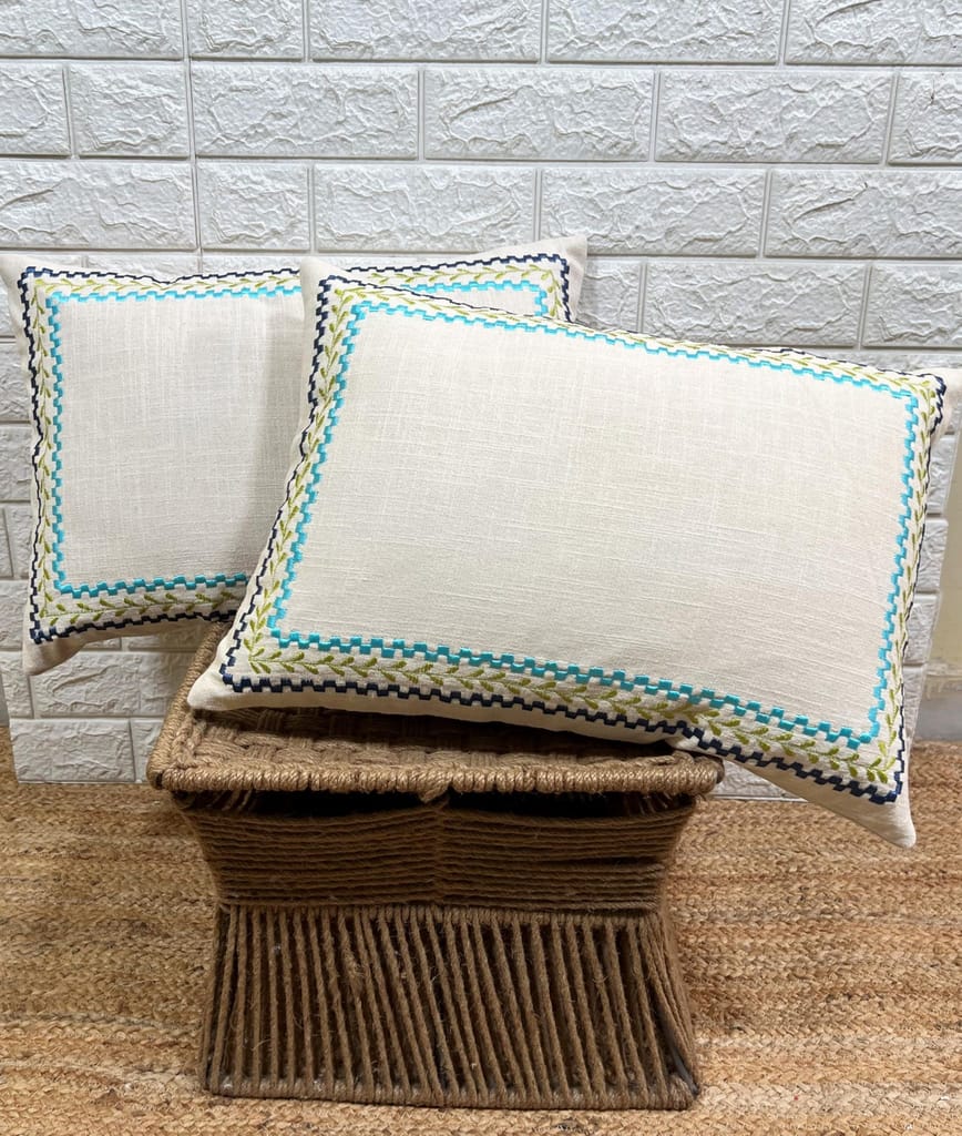 Indihomecraft Blue Border Cushion Cover Hand Embroidery Inspired Decorative Boho Cushion Cover for Sofa Couch Swing Chair Living Room & Bedroom 14 x 20 Inches, Pack of 2