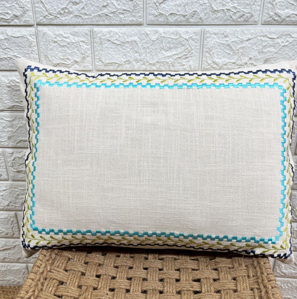 Indihomecraft Blue Border Cushion Cover Hand Embroidery Inspired Decorative Boho Cushion Cover for Sofa Couch Swing Chair Living Room & Bedroom 14 x 20 Inches, Pack of 2 view 2