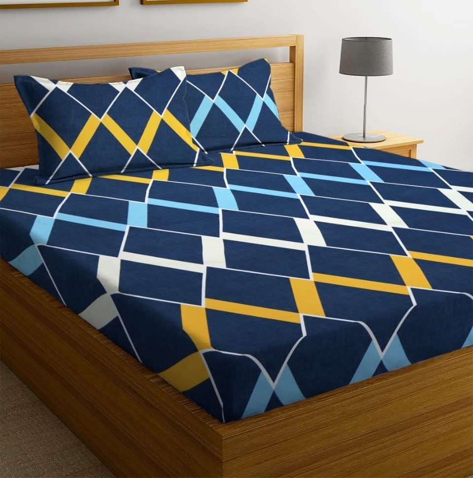 Navy Blue Geometric Print Cotton Bedsheet with 2 Pillow Covers