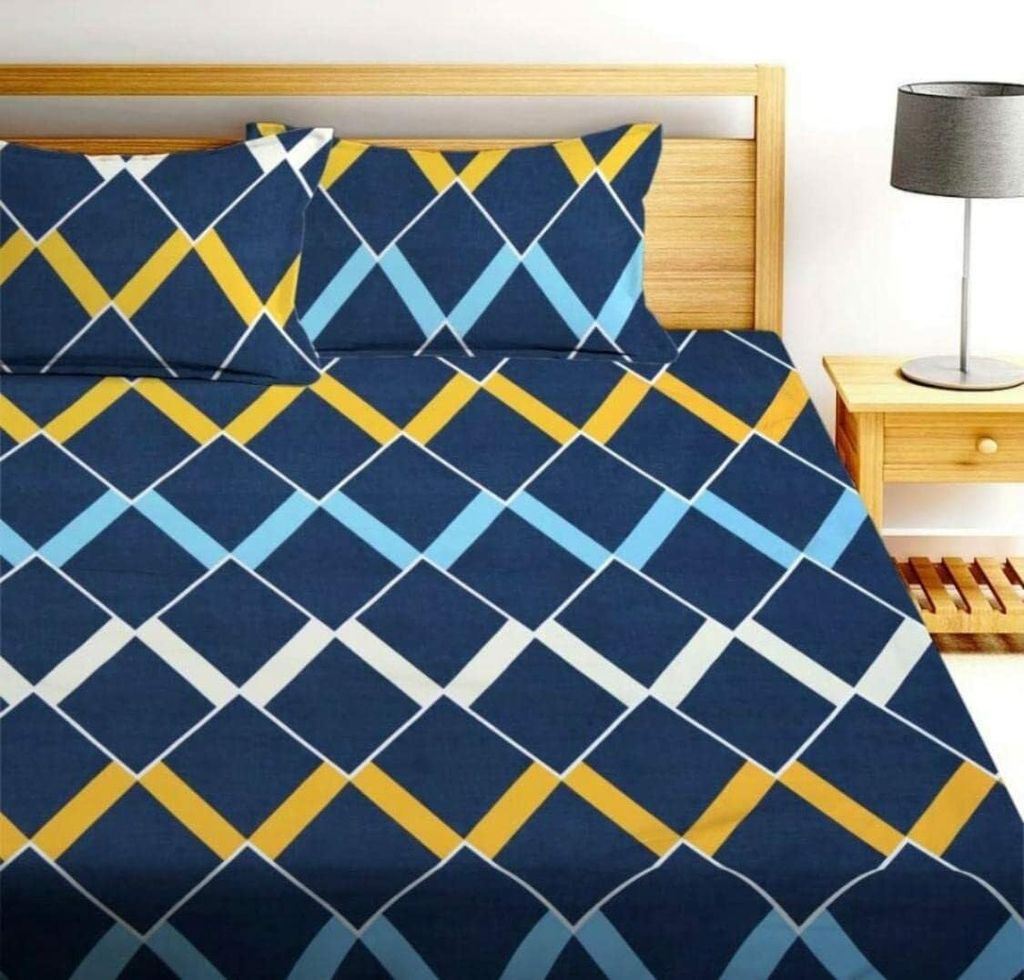 Navy Blue Geometric Print Cotton Bedsheet with 2 Pillow Covers view 2