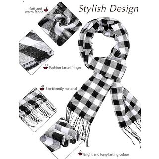 Woolen Muffler for Winter Black White Check Pattern Scarf Soft Warm Fur Lined Neck Muffler for Men view 2