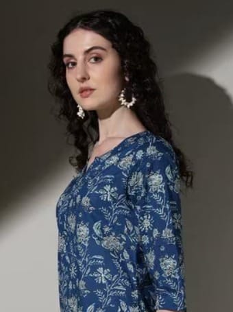 Blue Floral Print Cotton Tunic view 2