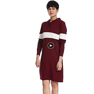 Miss Chase Womens Round Neck Full Sleeves Cotton Solid Hooded Knee-Long T-Shirt Dress view 2