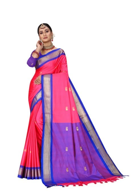Pink And R.Blue Paithani Cotton Silk Saree With Contrast Blouse And Contrast Plain Pallu With Golden Zari Butta