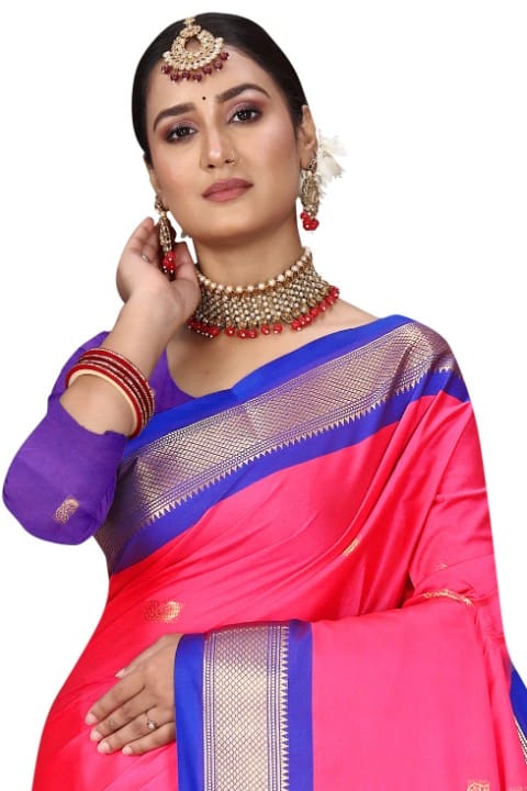 Pink And R.Blue Paithani Cotton Silk Saree With Contrast Blouse And Contrast Plain Pallu With Golden Zari Butta view 2