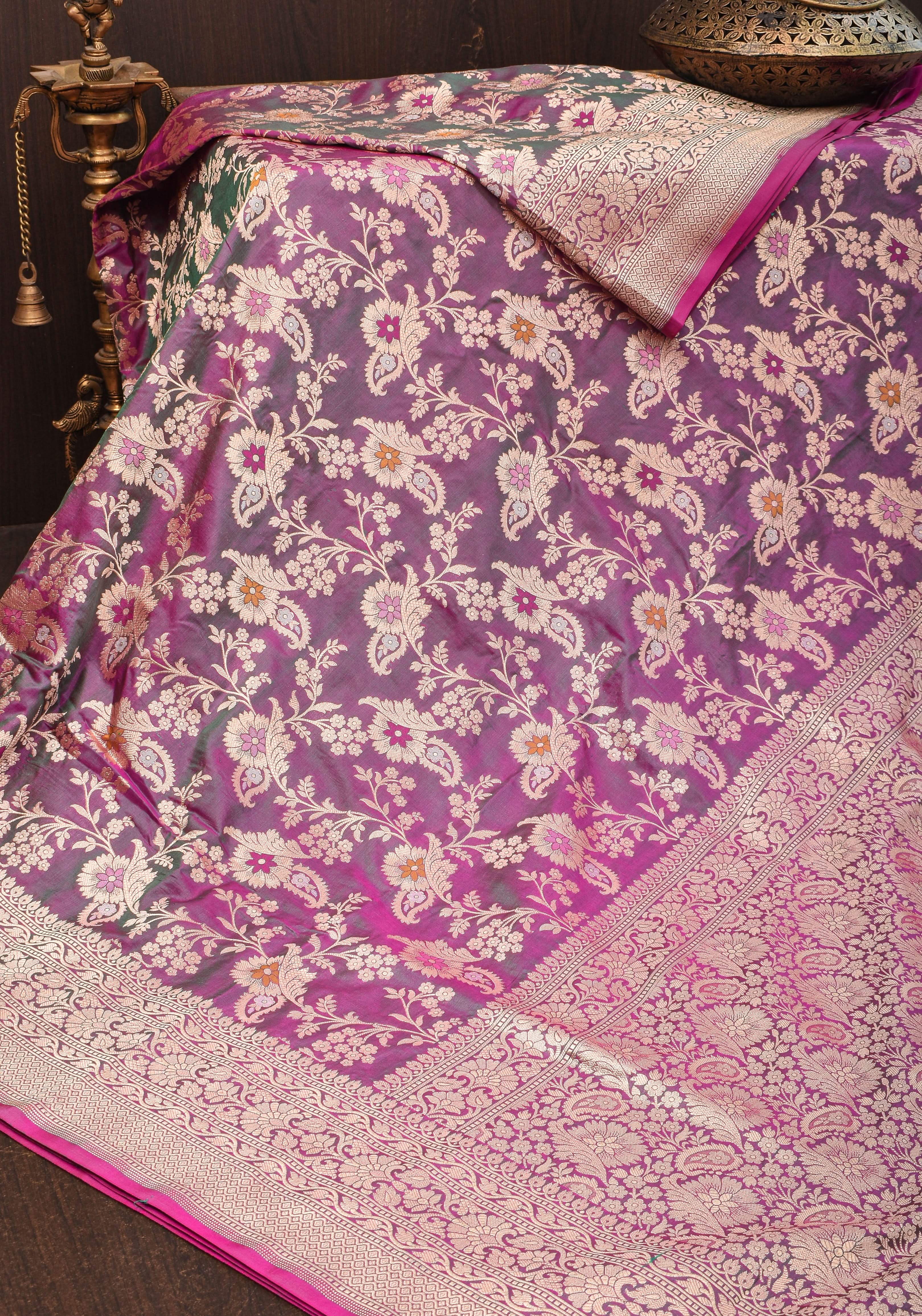 Exquisite Banarasi Meenakari Jaal Katan Saree in Purple Green Dual tone | SILK MARK CERTIFIED view 2