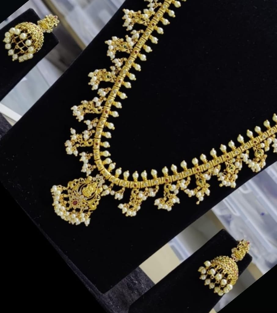 "Stunning Lakshmi Gold Plated Haram Necklace Set with Pearls and Earrings" view 2