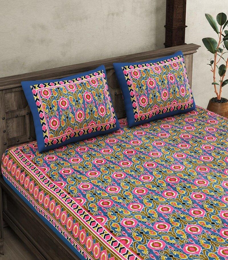 290 TC Premium Cotton Ikat Super King Size Double Bedsheet With 2 Pillow Covers(118 view 2