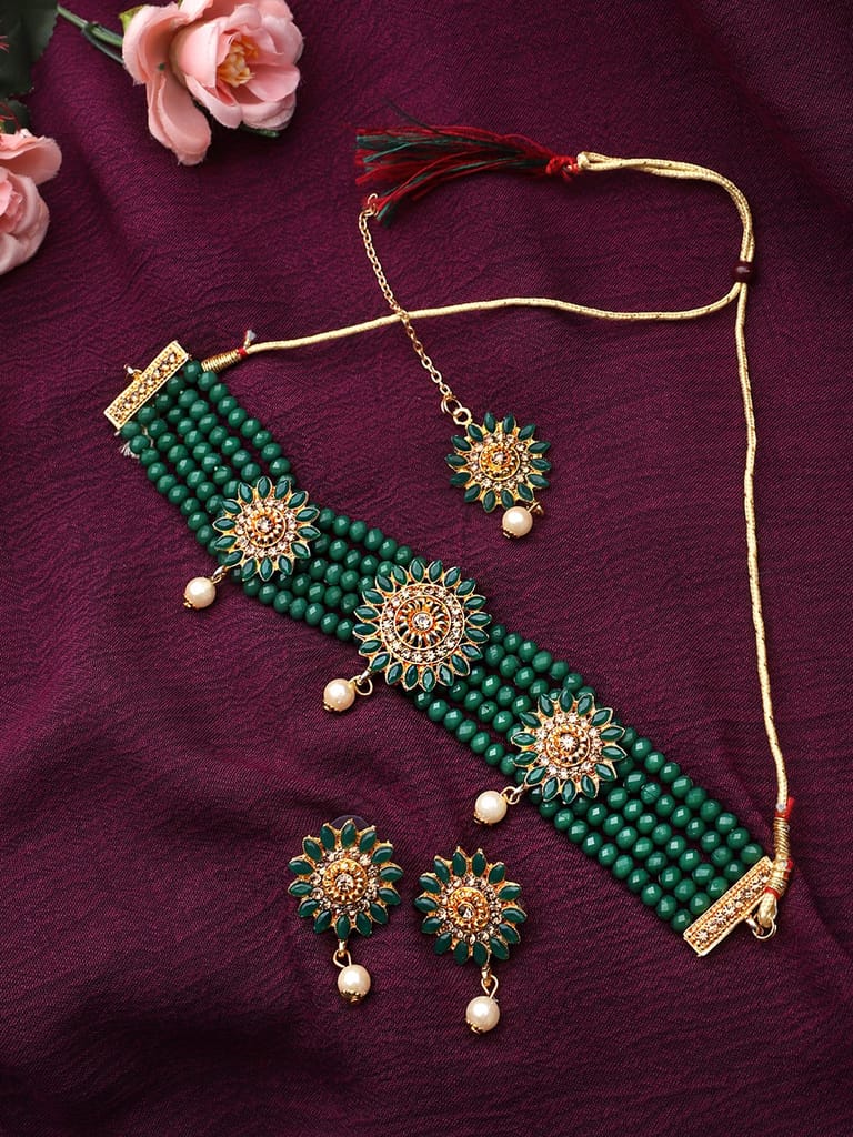 Cardinal Green Color Multistring Onyx Gold Plated Brass Choker Necklace Set & Maang Tika view 2
