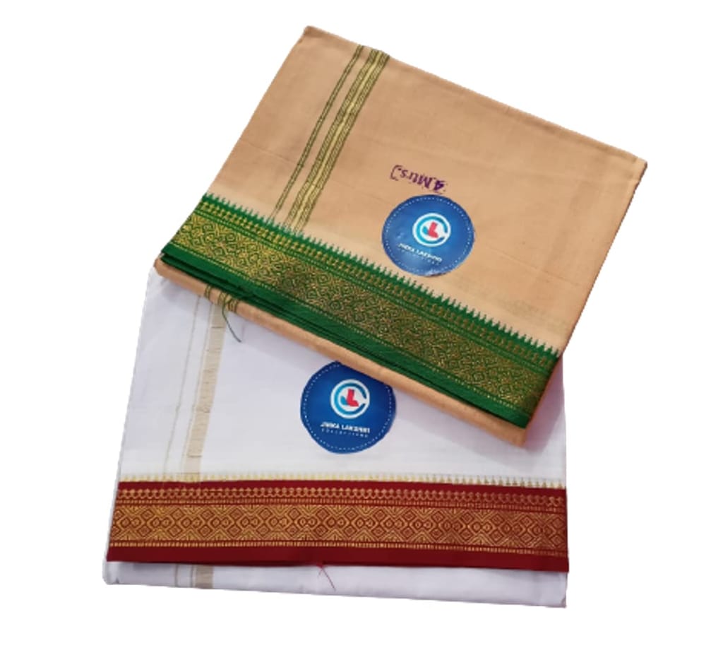 Jinka Lakshmi Collections 100% Handloom Cotton Dhoti With Big Borders 4 Meters Unstitched Pack of 2 (Multicolor-6) view 2