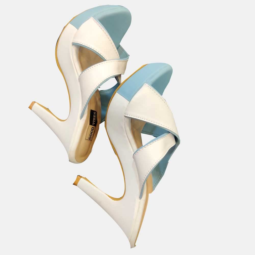 Color Block Fashion Sandals | White Blue Comfortable and Stylish Long Heels Slip On | for Casual Wear & Formal Wear Occasions 4 Inches Heel | for Women & Girls (Numeric_8) view 2