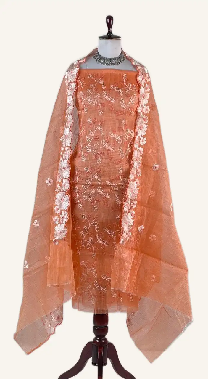 Kota Doria Dress Material Orange Peach Floral Jaal view 2