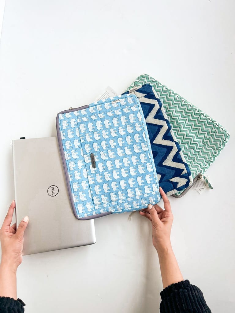 Sustainable Handmade Cotton Laptop Sleeve/Laptop Cover by Ekatra - Green chevron view 2