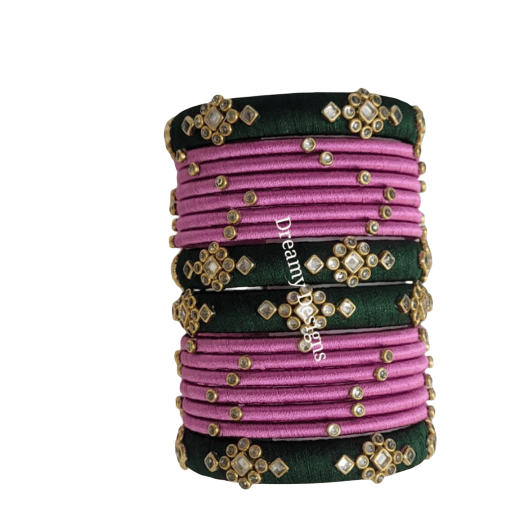 Pink & Green Silk Thread Bangles with Gemstones view 2
