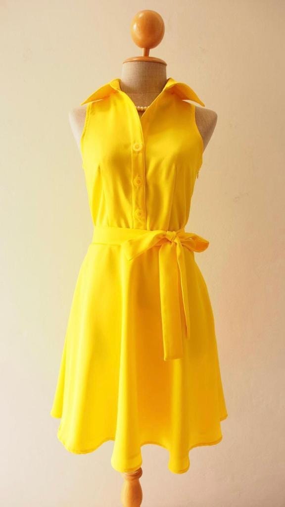 Yellow Solid Casual Dress view 2