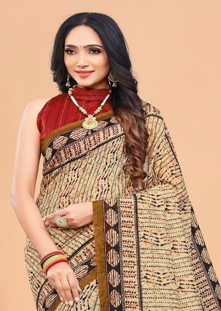 Batik Printed Chanderi Cotton Saree in Beige view 2