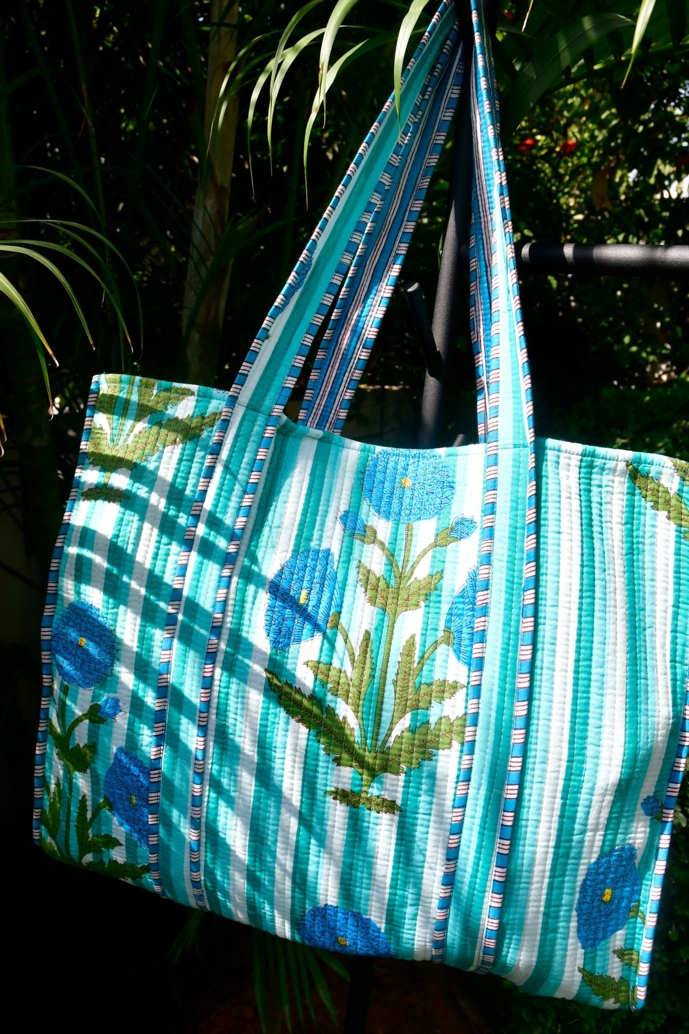 Blue Poppy Tote Bag Hand-Blocked : Big and trendy view 2
