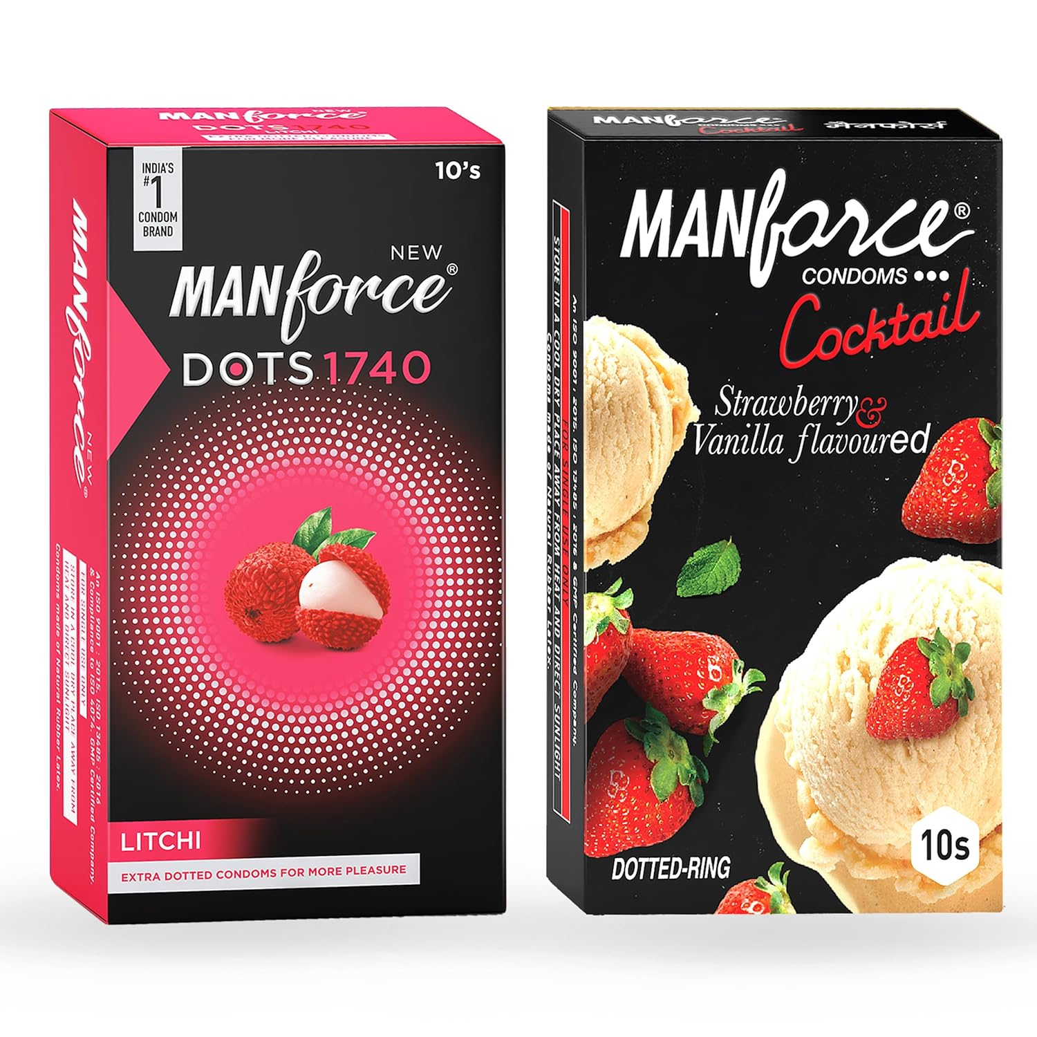 MANFORCE Cocktail Condoms with Dotted-Rings Strawberry & Vanilla Flavoured- 10 Pieces & Extra Dotted Litchi Flavoured Condoms - 10 Pieces Condom (Set of 2 20 Sheets) view 2