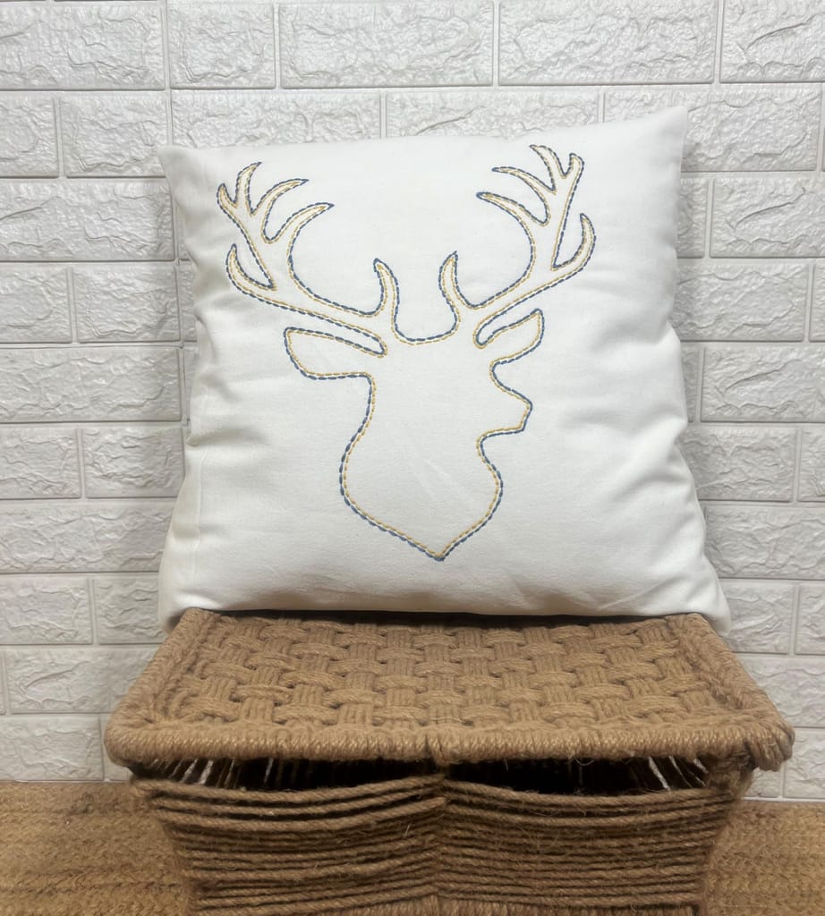 Indihomecraft Handicraft Cotton Cushion Cover - Hand Stitched Embroidery Decorative Art Boho Pillow Dear Animal ShapeHand Made Pillow Cover | Square Shape 18X18 Inches Cushion Cover Set of 1