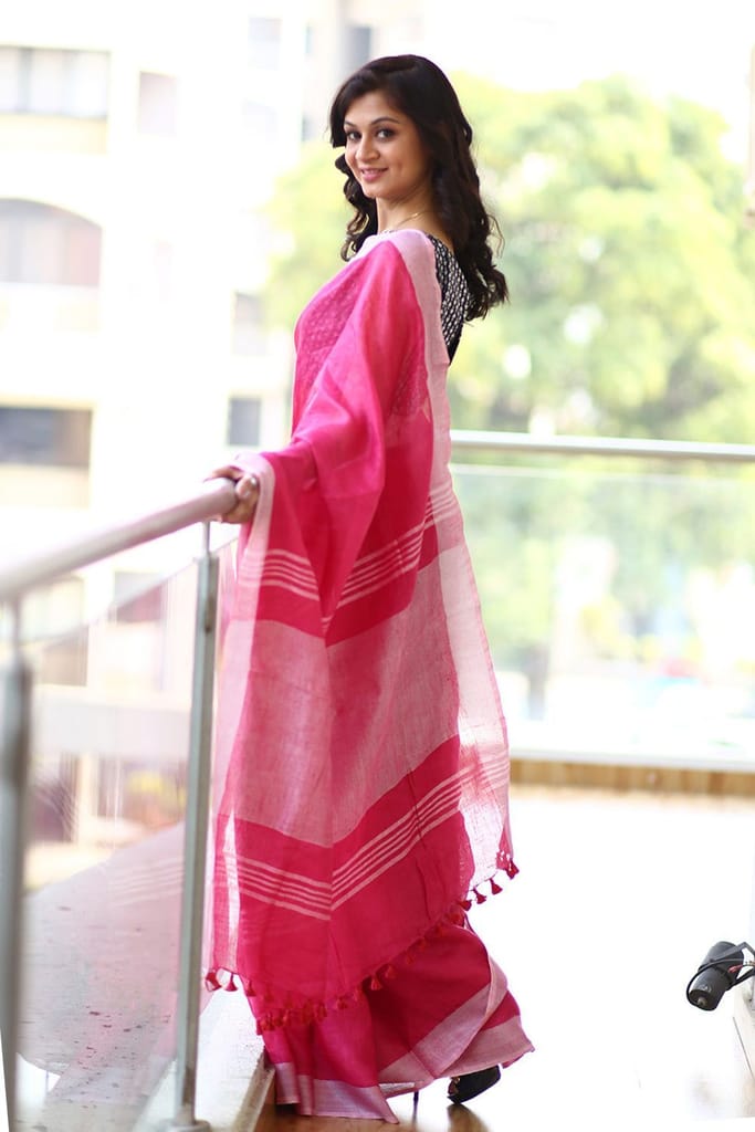 Pure Organic Linen Saree – Bright Pink (Hand-Dyed) view 2