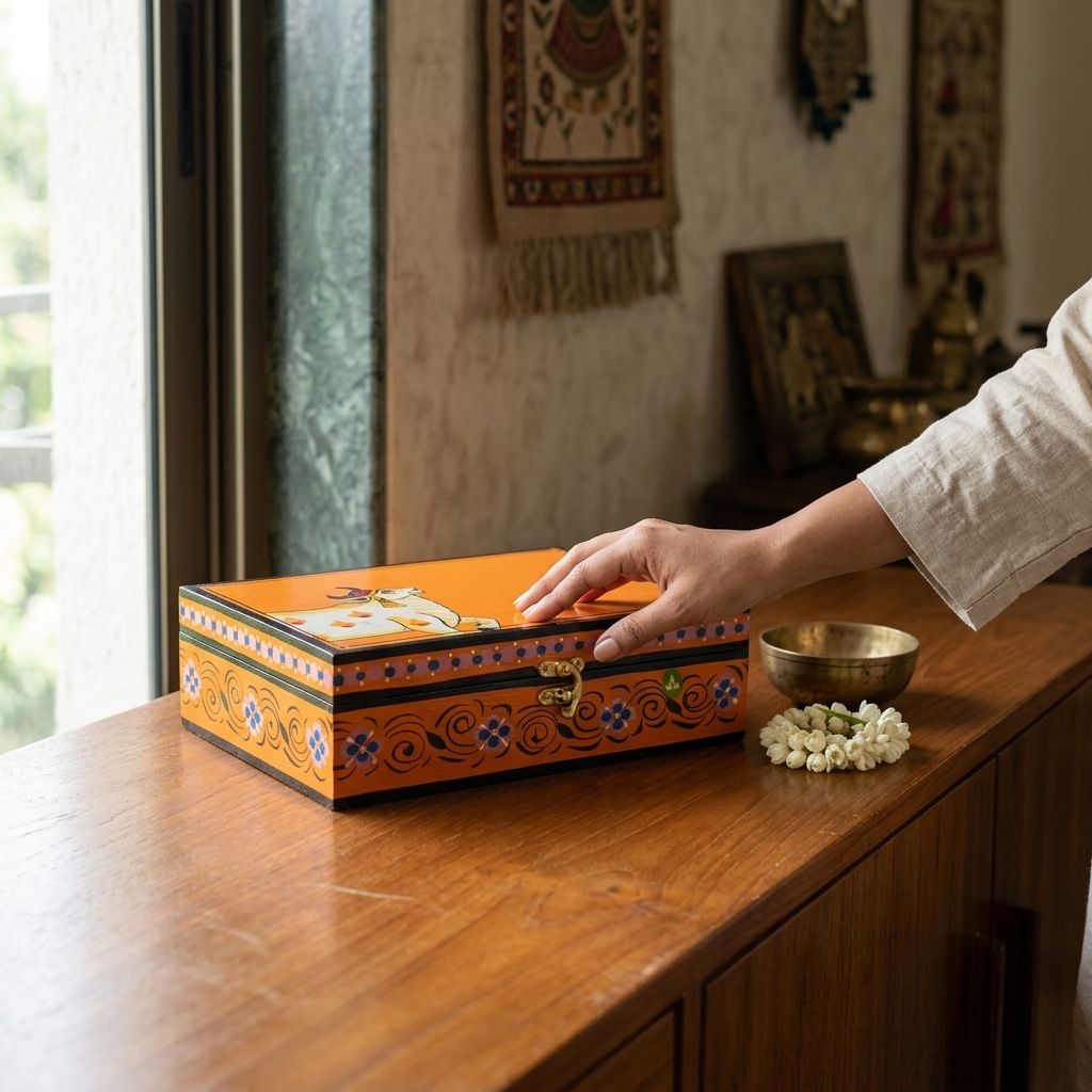 Hand Painted Pichwai Art Wooden Orange Color Storage Box view 2