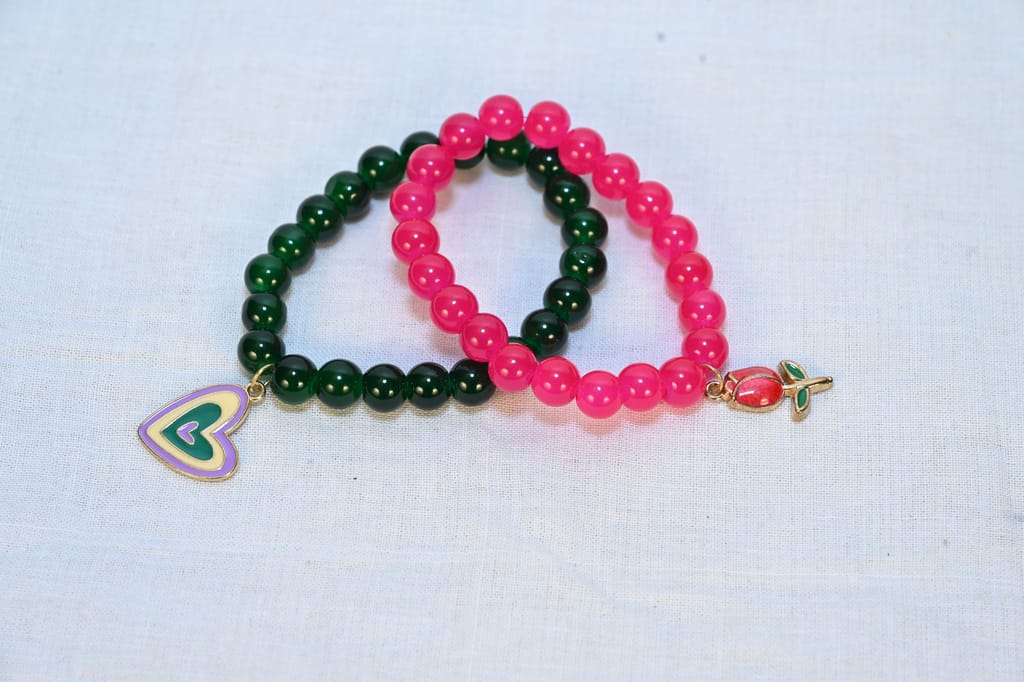 Trendy Green and Pink Beaded Charm Bracelet Set view 2