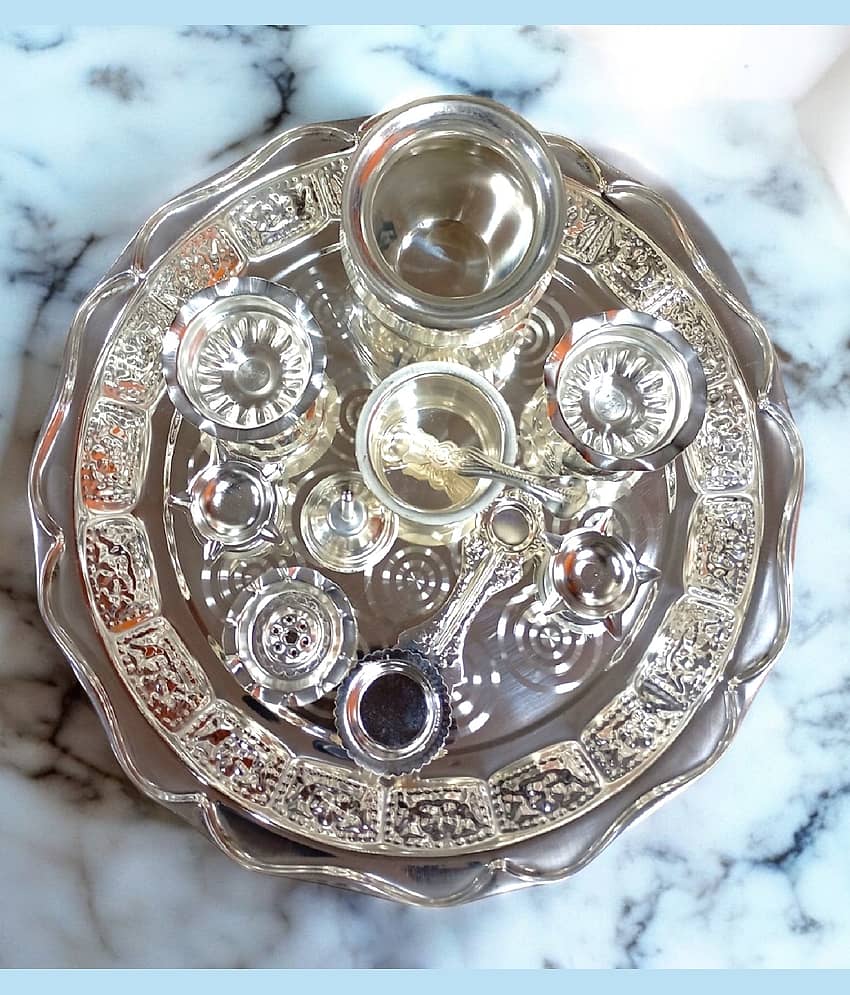 Sigaram Silver Plated Pooja Thali Arathi Set for Home Temple Pooja Festival K4709 view 2
