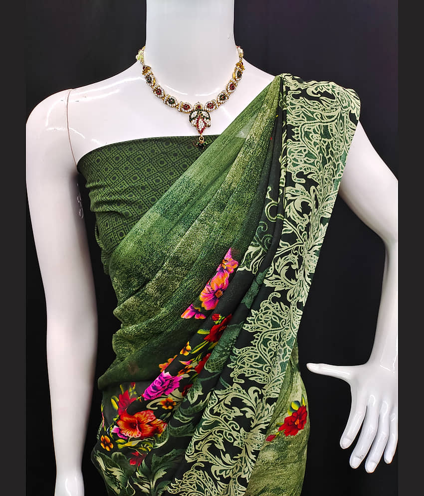 ANAND SAREES Georgette Printed Saree With Unstitched Blouse Piece ( Green ) view 2