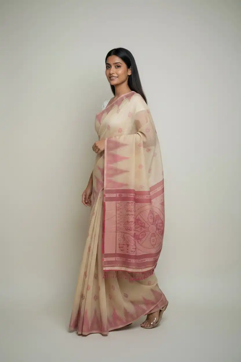 Sonepuri Cotton Saree Rose Khaki Temple Border Buti view 2