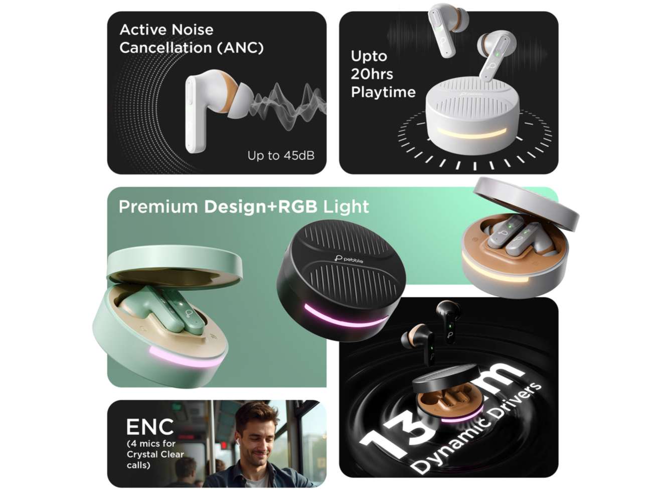 Pebble Blissbuds Hue, TWS Earbuds, ANC & ENC, Deep Bass & Clear Sound, RGB Light 4 Mics, Snug Fit, Voice Assistant, Dual Pairing - Black view 2
